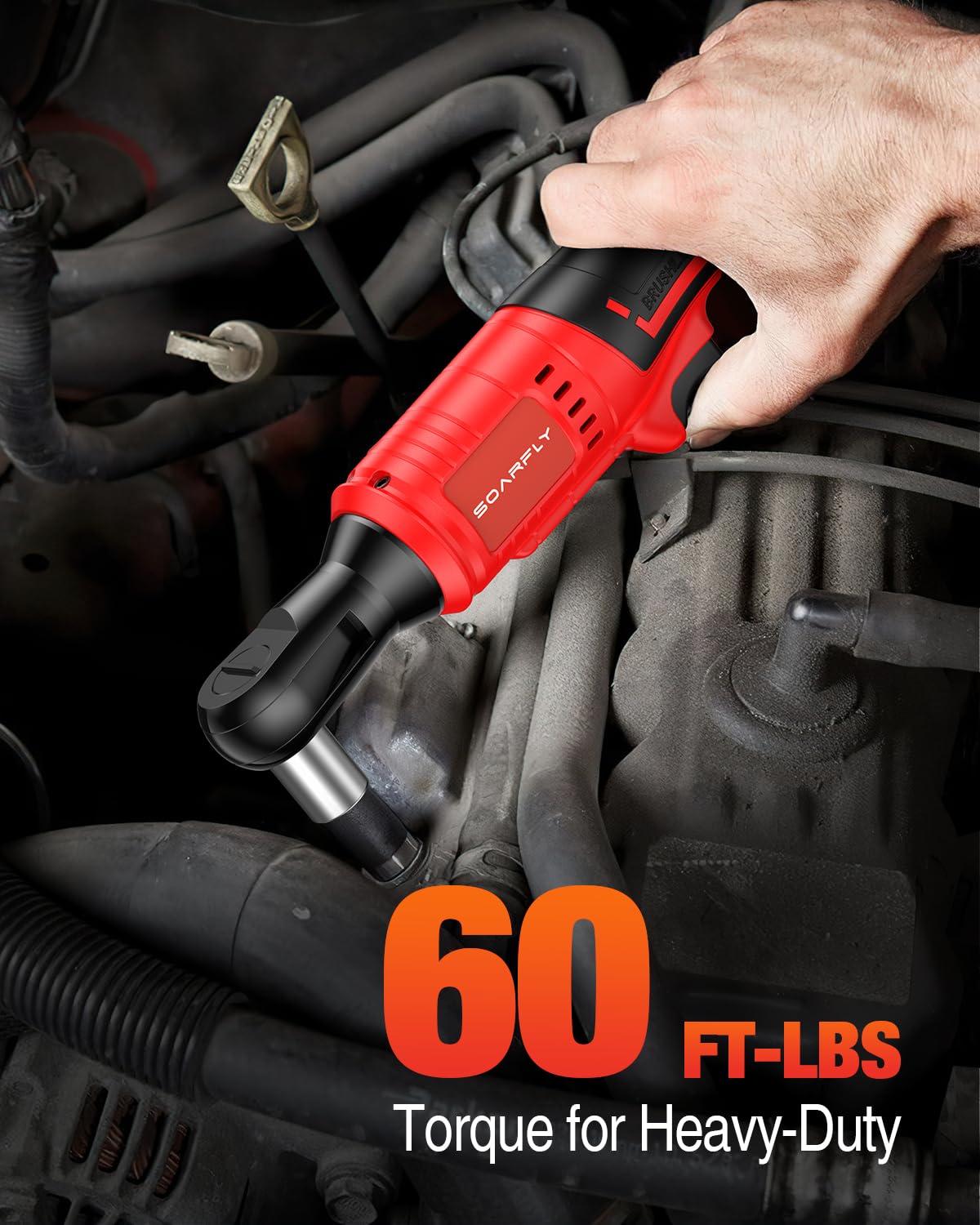 Cordless Electric Ratchet Wrench Set 3/8", Upgraded 60 Ft-lbs 21V Powerful Ratchet Tool Kit, With LED Light Cordless Ratchet,Variable Speed,7 Sockets, 3" Extension Bar, 1/4" Adapter, 2*2000mAh Battery SOARFLY