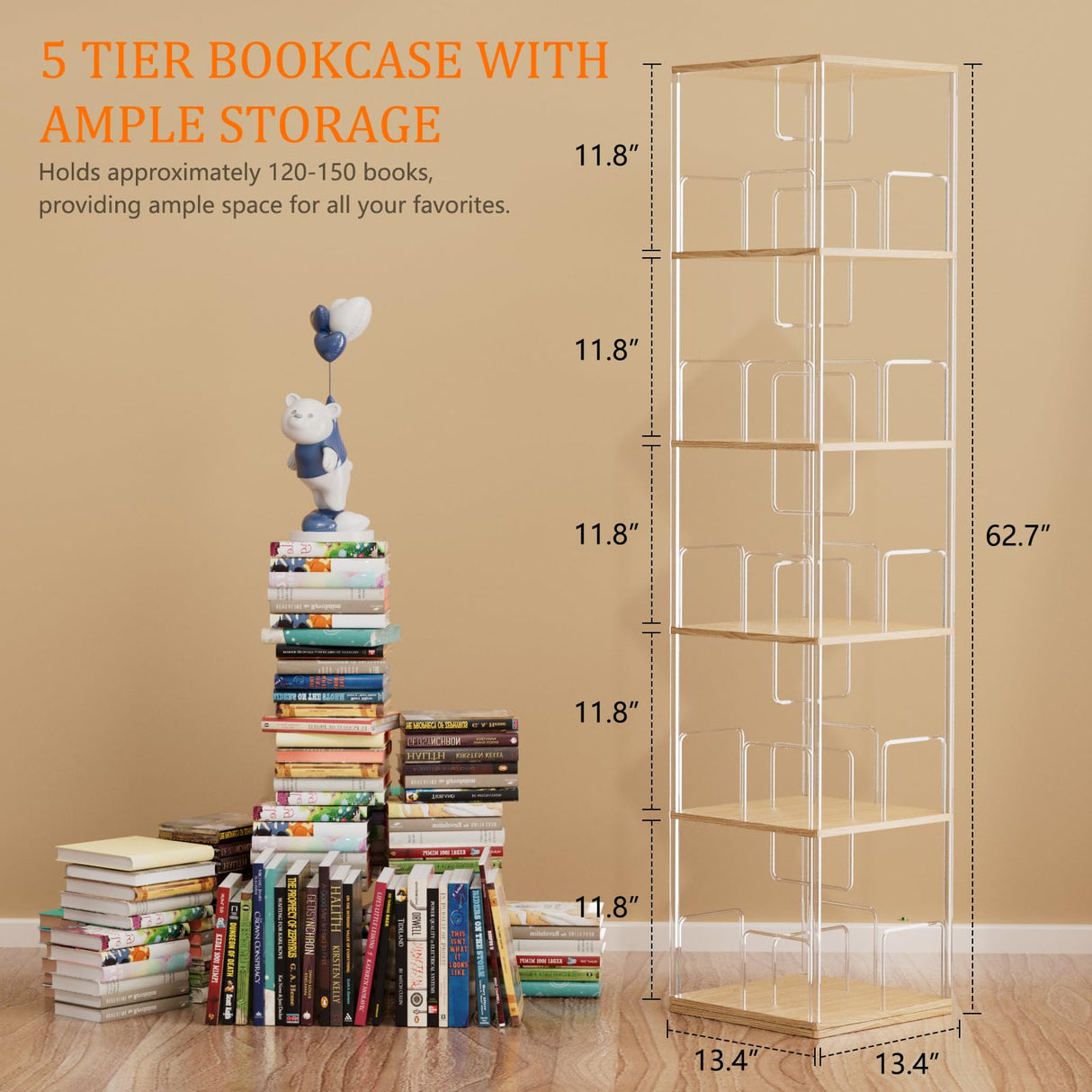 TAKEKIT 360° Rotating Bookshelf, 5-Tier Spinning Book Shelf Tower with Solid Wood & Clear Acrylic, Square Revolving Bookcase for Living Room, Bedroom and Office TAKEKIT
