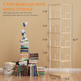 TAKEKIT 360° Rotating Bookshelf, 5-Tier Spinning Book Shelf Tower with Solid Wood & Clear Acrylic, Square Revolving Bookcase for Living Room, Bedroom and Office TAKEKIT