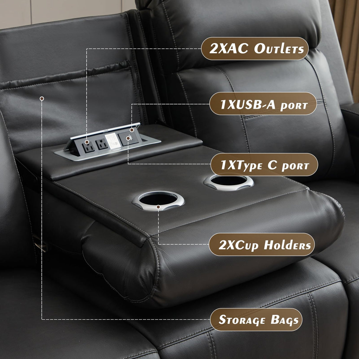 Neptane Power Reclining Sofa with Adjustable Headrest, Home Theater Seating Reclining Couch with LED Light/Outlet/Storage/USB&Type-C, Power Loveseat Recliner Sofa for Living Room (Grey&Black, Sofa) Neptane