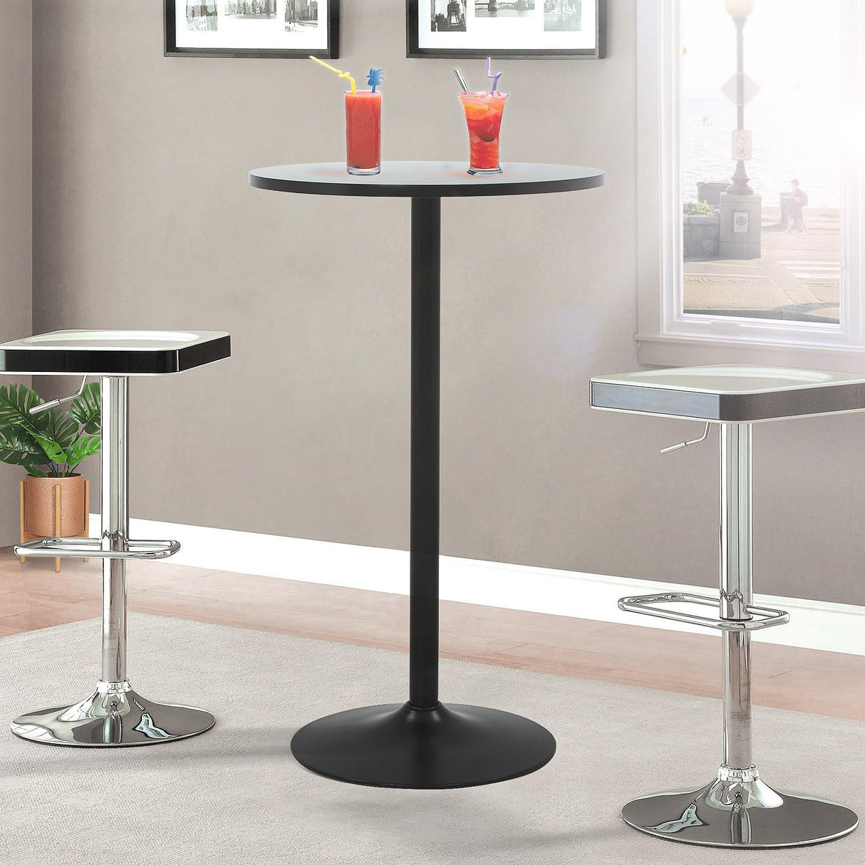 Round Bar Table 2 Set 40" Height Modern Pub Table with Solid Top and Sturdy Metal Base, High Top Table for Kitchen, Dining Room, Bistro, Cocktail, Black Dopinmin