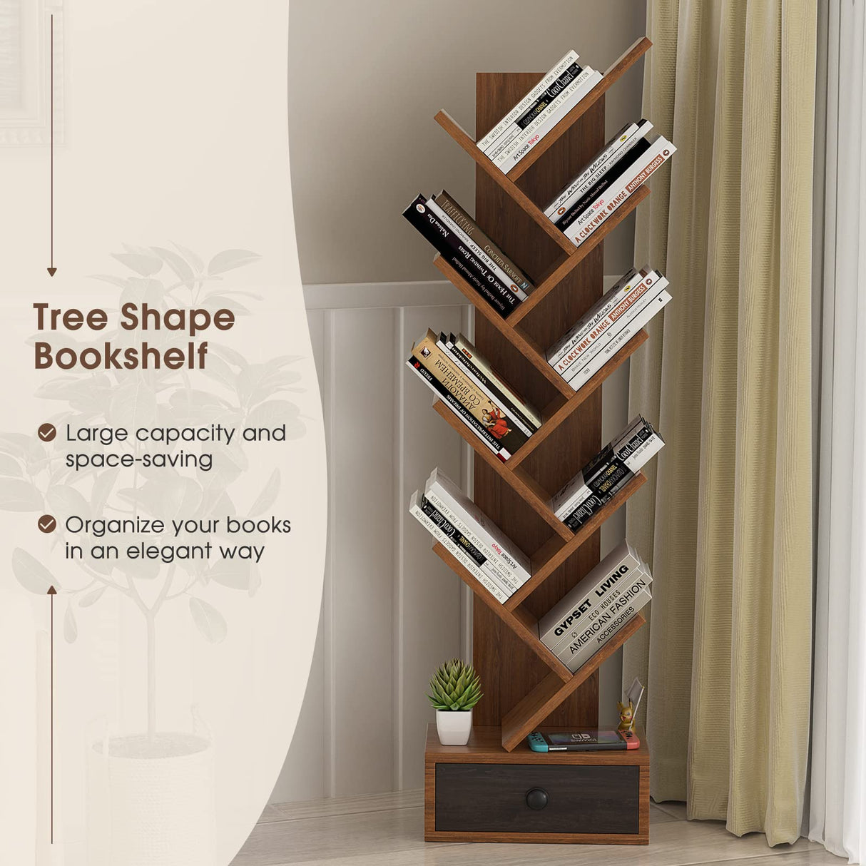 OFFICEJOY 10-Tier Tree Bookshelf, Floor Standing Bookshelf with Drawer, Small Bookcase for CDs, Books, Magazines,Utility Organizer Shelves for Living Room, Study, Bedroom, Office, School, Brown OFFICEJOY