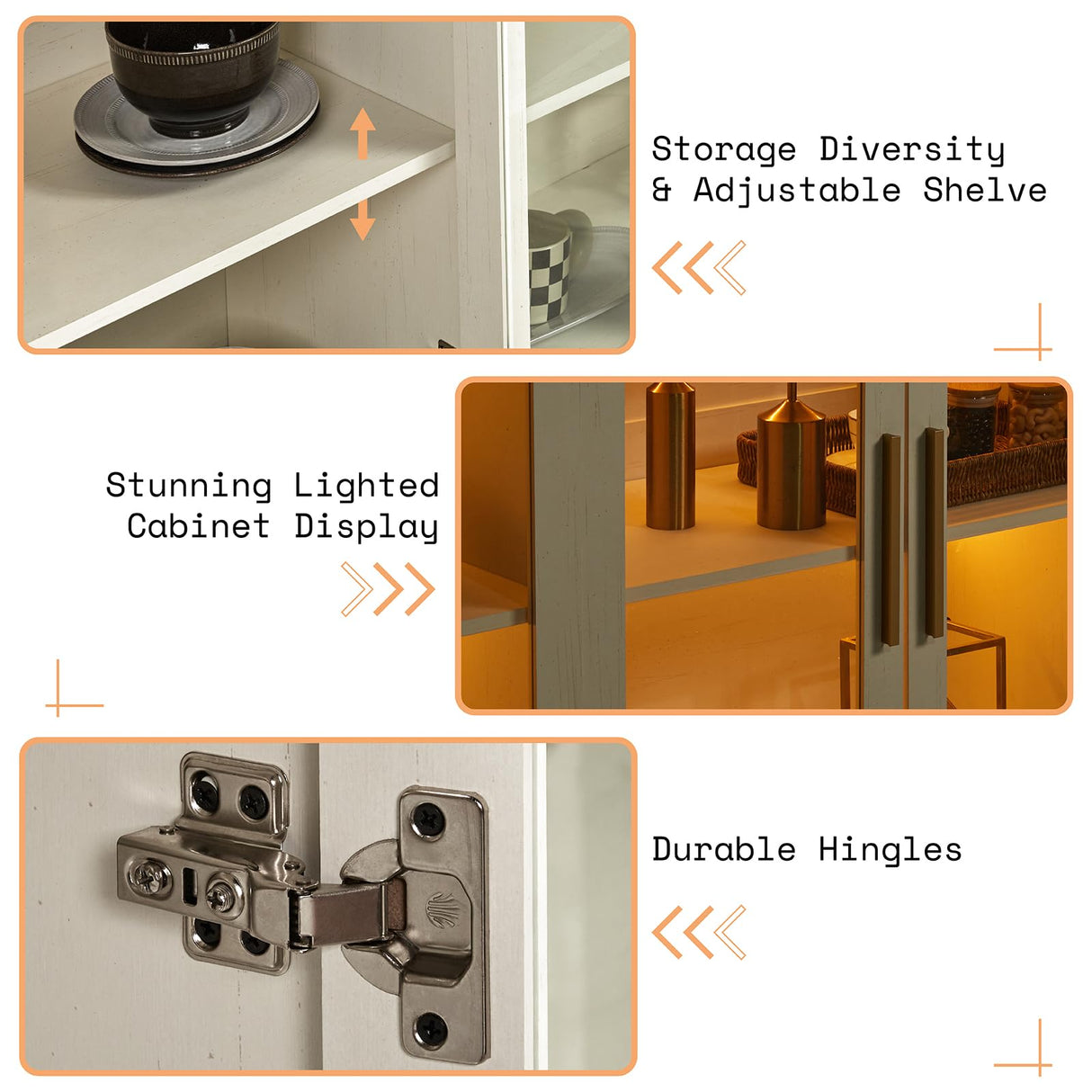 AMERLIFE Sideboard Buffet Cabinet, Mixed Color Accent Cabinet with LED Lights, Modern Glass Doors Storage Cabinet with Adjustable Shelf, Console Table for Dining, Living Room, White and Grey AMERLIFE