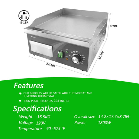 TOPKITCH Electric Griddle, 14 Inch Flat Top Grill Commercial Electric Griddles Stainless Steel Adjustable Temperature Control 90℉-575℉ for Home or Restaurant Use TOPKITCH