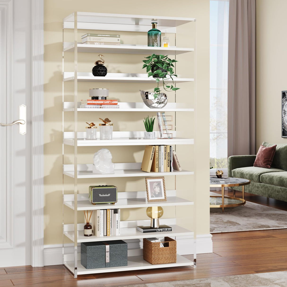 Tribesigns 8-Tier Modern Acrylic Bookshelf with Wood Shelves - 63" Clear Storage Rack for Living Room, Bedroom, and Home Office Tribesigns