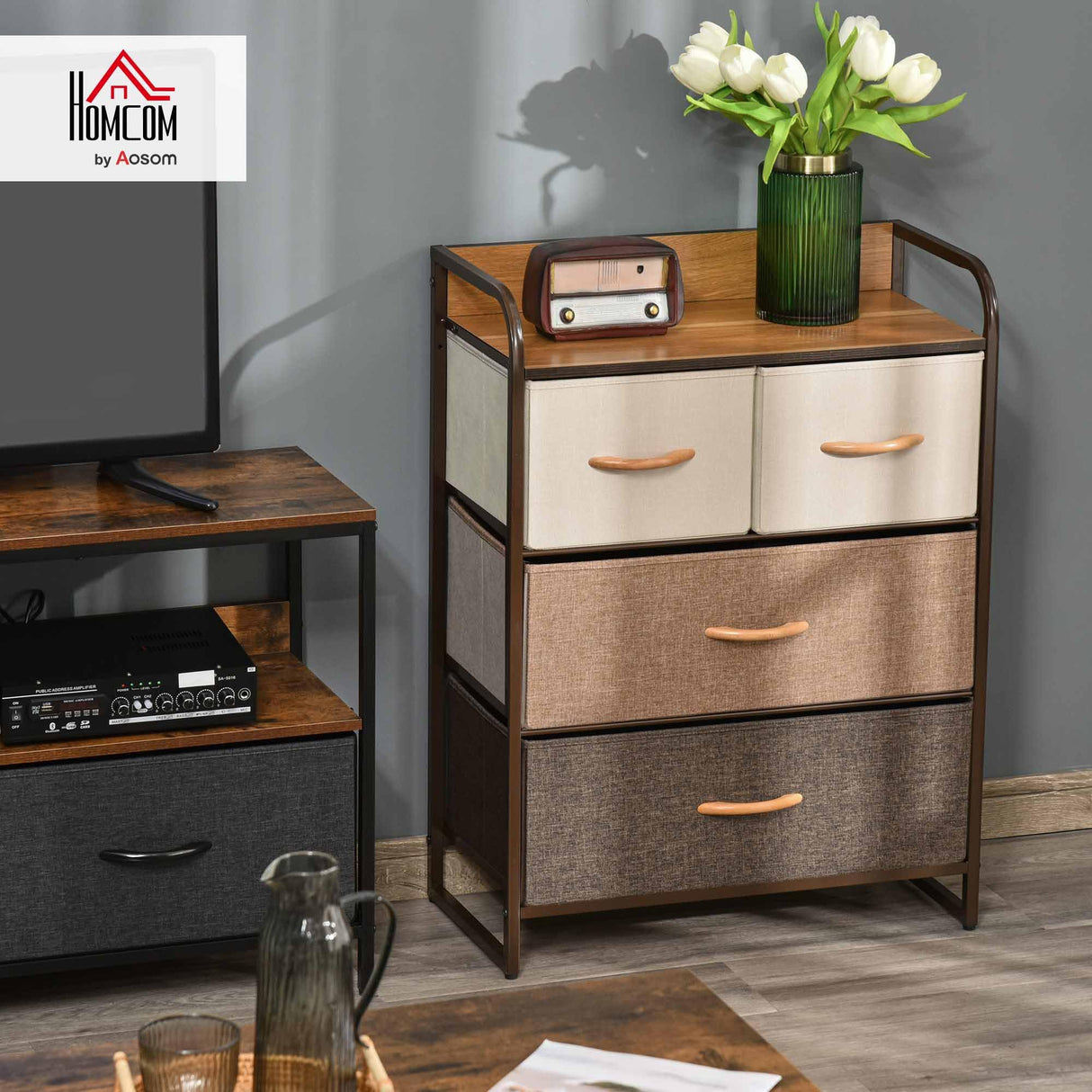 HOMCOM 4-Drawer Dresser, Fabric Chest of Drawers, 3-Tier Storage Tower with Steel Frame and Wooden Top for Bedroom, Nursery Room, Multicoloured HOMCOM