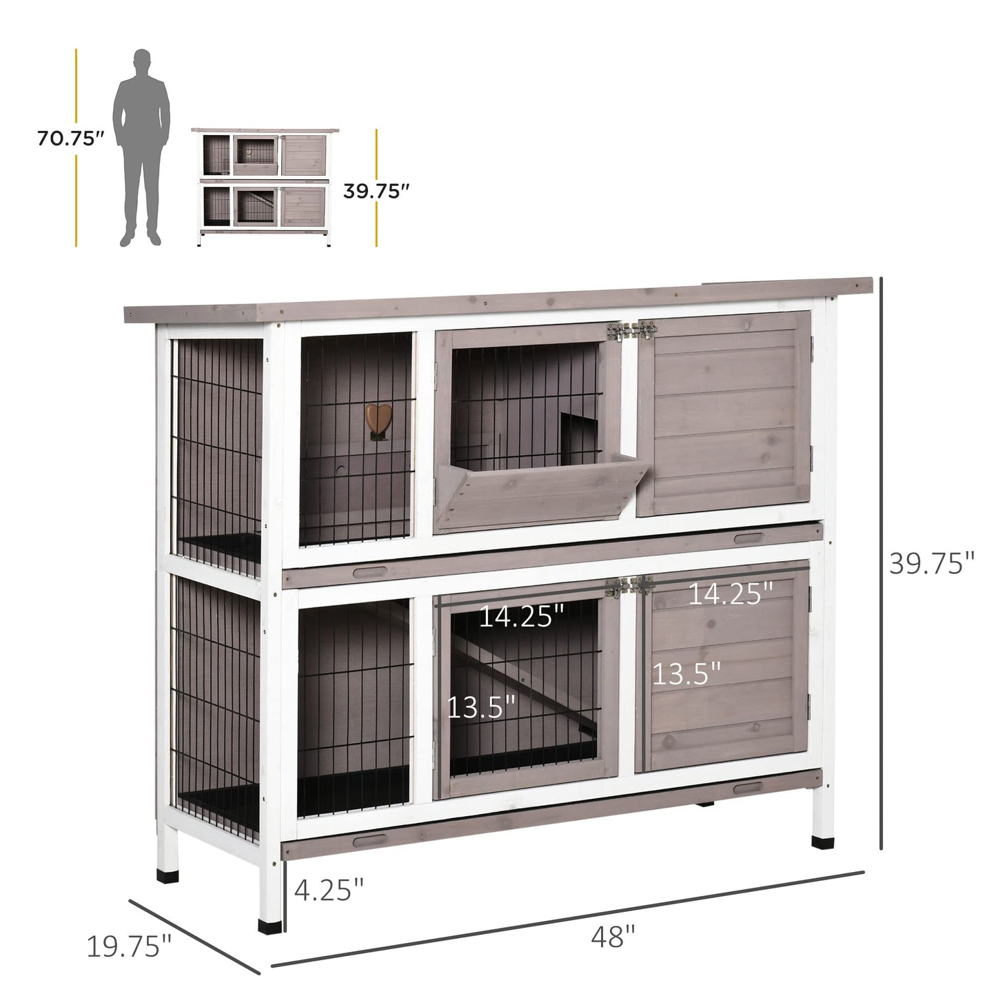 PawHut Indoor or Outdoor Rabbit Hutch with Quick on-The-Go Feeding, Wood Rabbit Cage, Long Hopping Distance, Medium Rabbit Hutch, 4 Door, No Leak Tray, Grey Brown