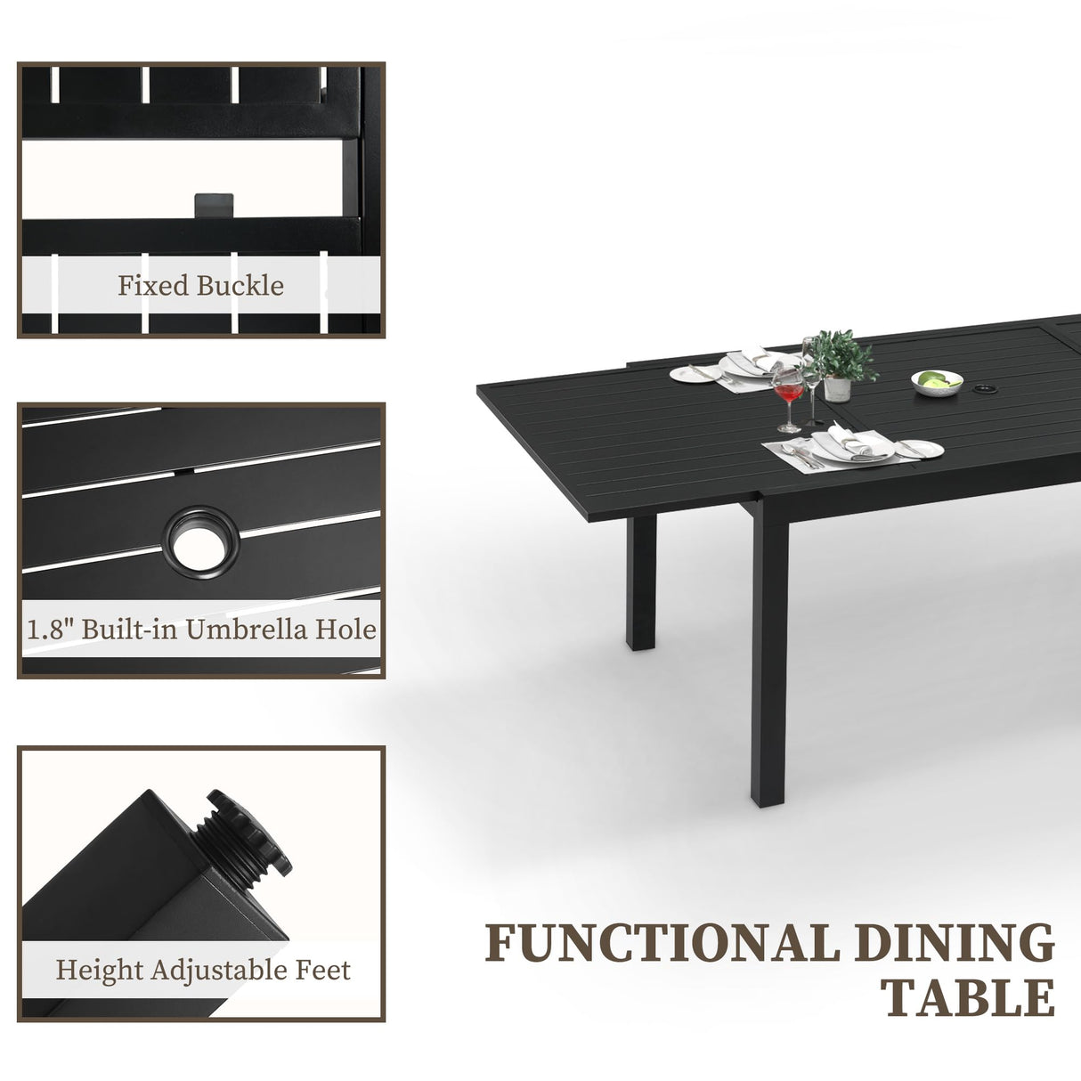 PIZZELLO 7 Pieces Outdoor Dining Set, 106" Aluminum Extendable Patio Dining Table w/ 6Pcs Stackable Patio Chairs, All Weather Outdoor Table and Chairs Sets for Backyard, Garden, Deck and Poolside PIZZELLO