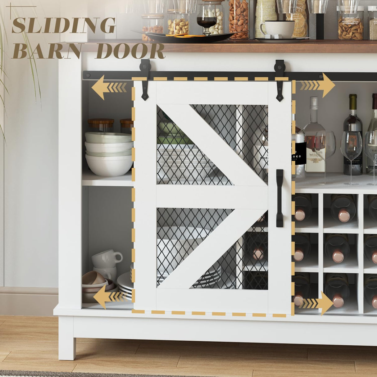 PRETZI 55" Farmhouse Coffee Bar Cabinet with LED Lights, Wine Bar Cabinet with 4 Tier Storage, Kitchen Buffet Cabinet with Sliding Door & Wine and Glass Rack for Dining Living Room PRETZI