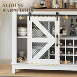 PRETZI 55" Farmhouse Coffee Bar Cabinet with LED Lights, Wine Bar Cabinet with 4 Tier Storage, Kitchen Buffet Cabinet with Sliding Door & Wine and Glass Rack for Dining Living Room PRETZI