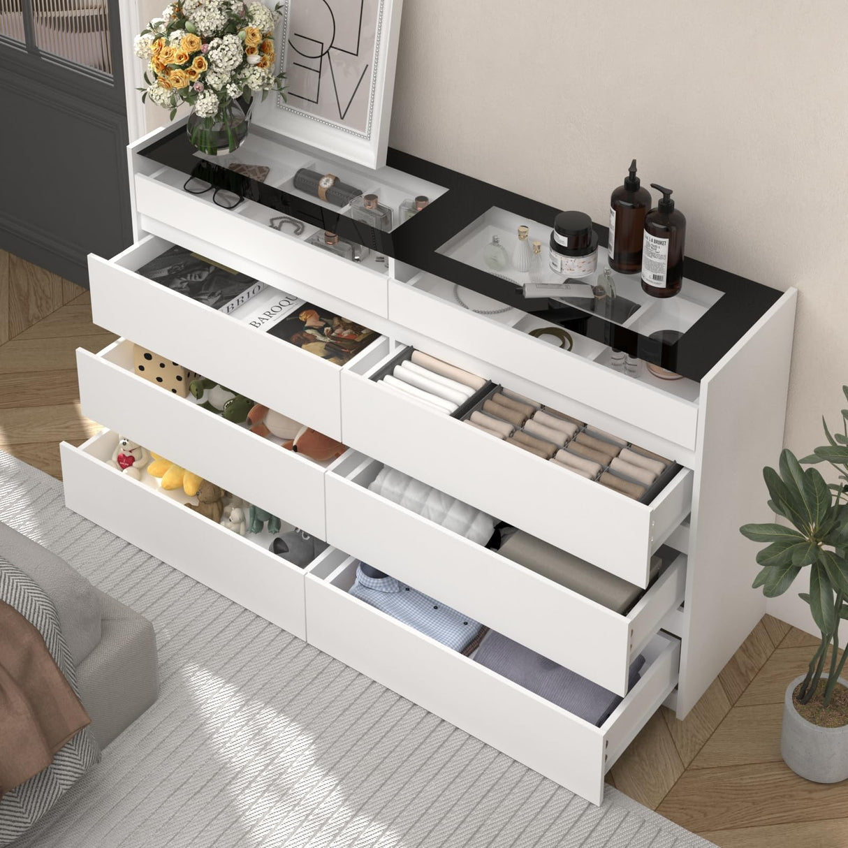 White 8 Drawer Dresser for Bedroom with LED Light, Modern Dresser Chest of Drawers with Hidden Handles and Glass Top, Dressers Organizer for Bedroom, Closet, Living Room LIVAUVEAD