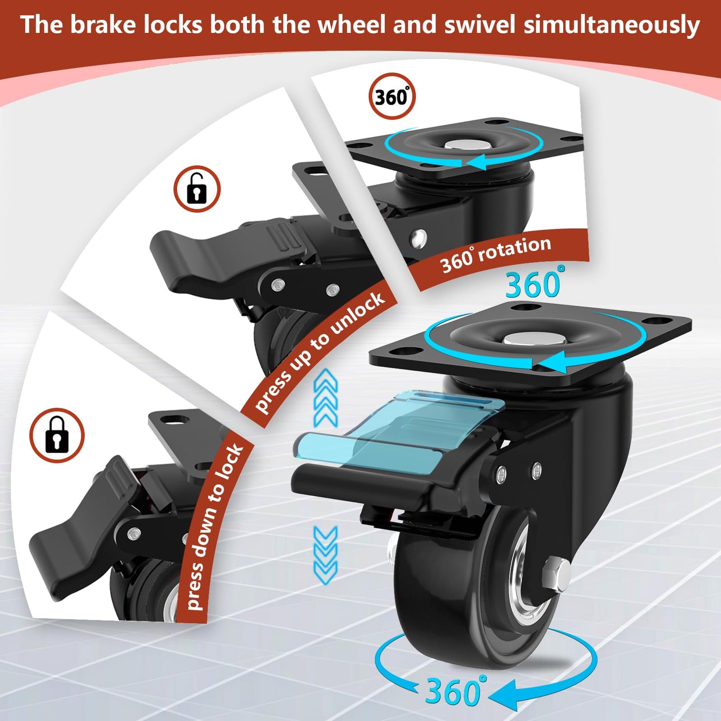 2 Inch Caster Wheels Heavy Duty, Casters Set of 4 with Brake, Locking Industrial Swivel Top Plate Casters Wheels and Load 800lbs for Furniture and Workbench Cart(Two Hardware Kits Include)