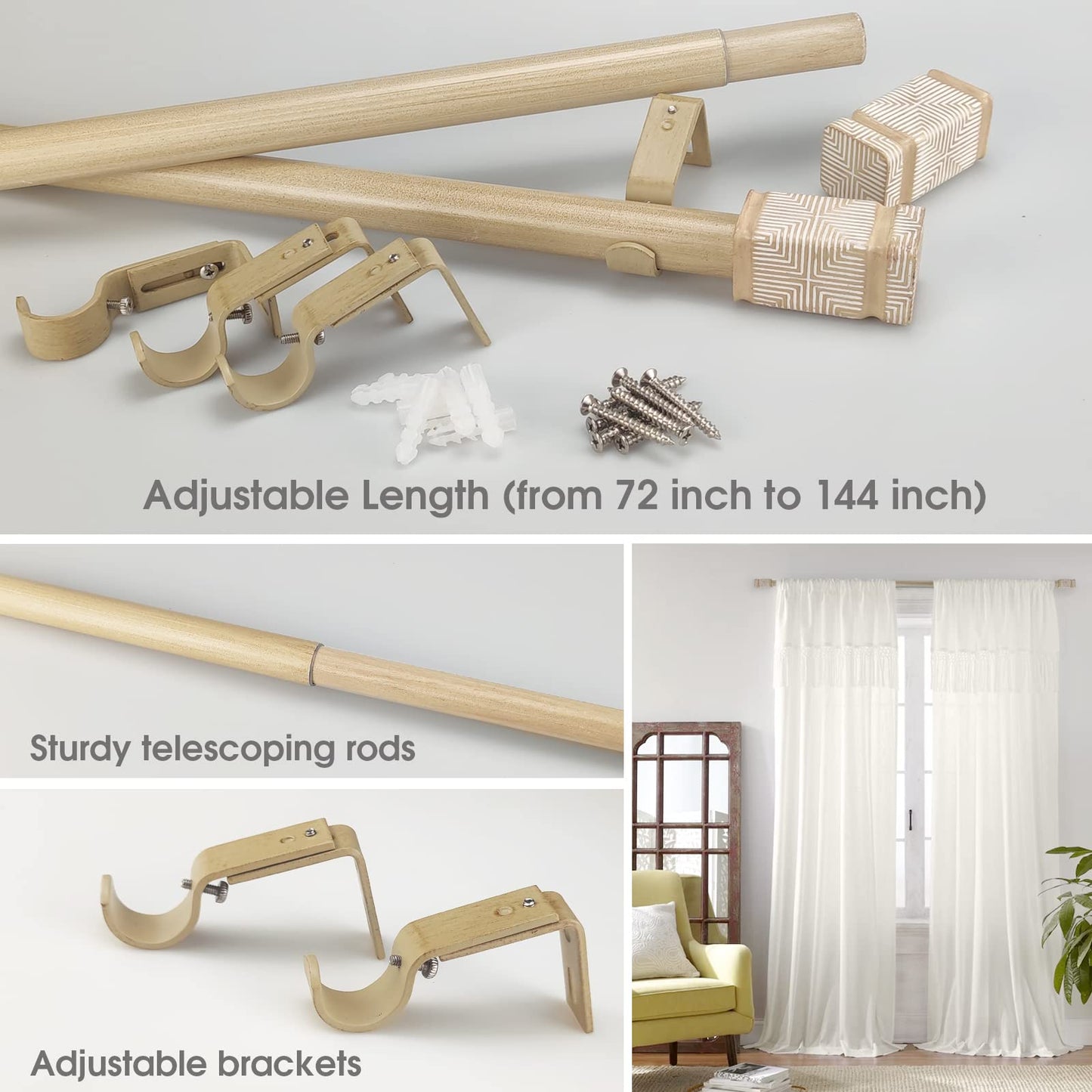 SKYPLUS LIVING Rustic Boho Style Single Curtain Rod Set with Carved Square Finial,72-144 inch, Standard Single Beige Drapery Rod for 1 Pack, 1 inch diameter, Adjustable Length