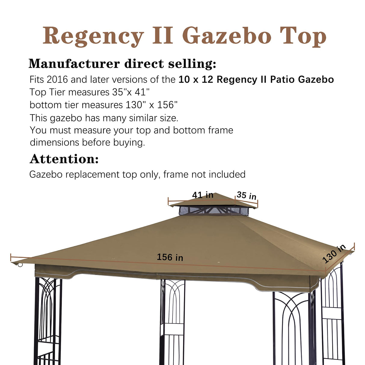 SCOCANOPY Replacement Gazebo Canopy for 10 x 12 Regency II Patio Gazebo Model L-GZ798PST,A101004104,A101004105 (Beige) SCOCANOPY