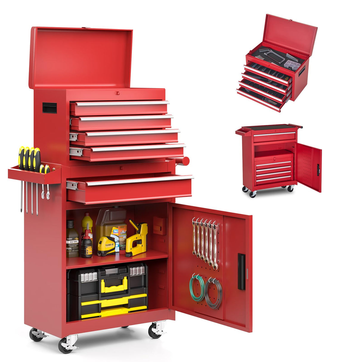 AirWire 5-Drawer Tool Chest, Rolling Tool Storage Cabinet with Detachable Top Tool Box, Enhanced Packaging, Metal Tool Cart for Garage Workshop, Red AirWire