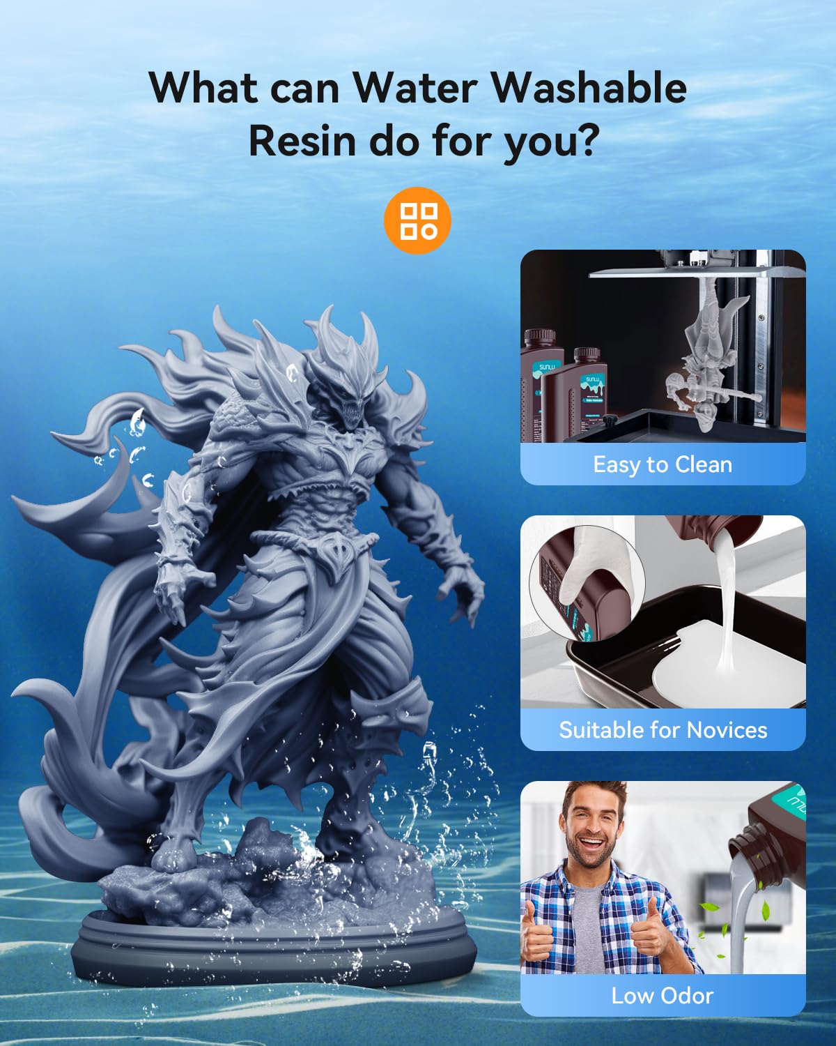SUNLU Water Washable 3D Printer Resin 3kg, Large Bottle Water Washable Resin for Most Resin 3D Printers, 395 to 405nm UV Curing 3D Printing Liquid Photopolymer Resin, 3000g, Grey SUNLU