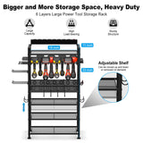JUNNUJ Power Tool Organizer Floor Stand with Charging Station, Garage Adjustable Storage Rack Utility Tool Shelf with 8 Outlet Power Strip, Heavy Duty Drill and Battery Holder, Black JUNNUJ