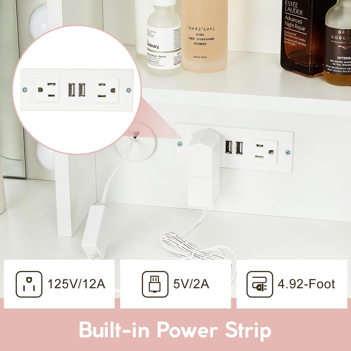 JoanKaren Modern Vanity Makeup Desk with Vanity Mirror, Built-in Lights, 4 Drawers, Crystal Ball Knobs, Power Outlet, White Makeup Desk for Bedroom JoanKaren