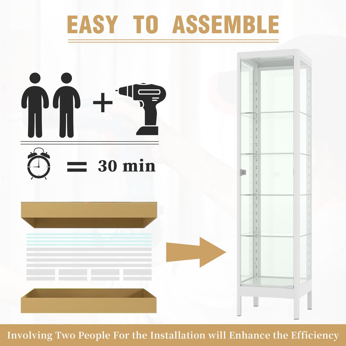 Desirable Life 5-Tier Glass Display Cabinet with 13 Color LED Lights & Lock, 63" Curio Cabinet with Glass Doors & Adjustable Shelves, Lighted Display Case for Collectibles Figures Trophy - White Desirable Life