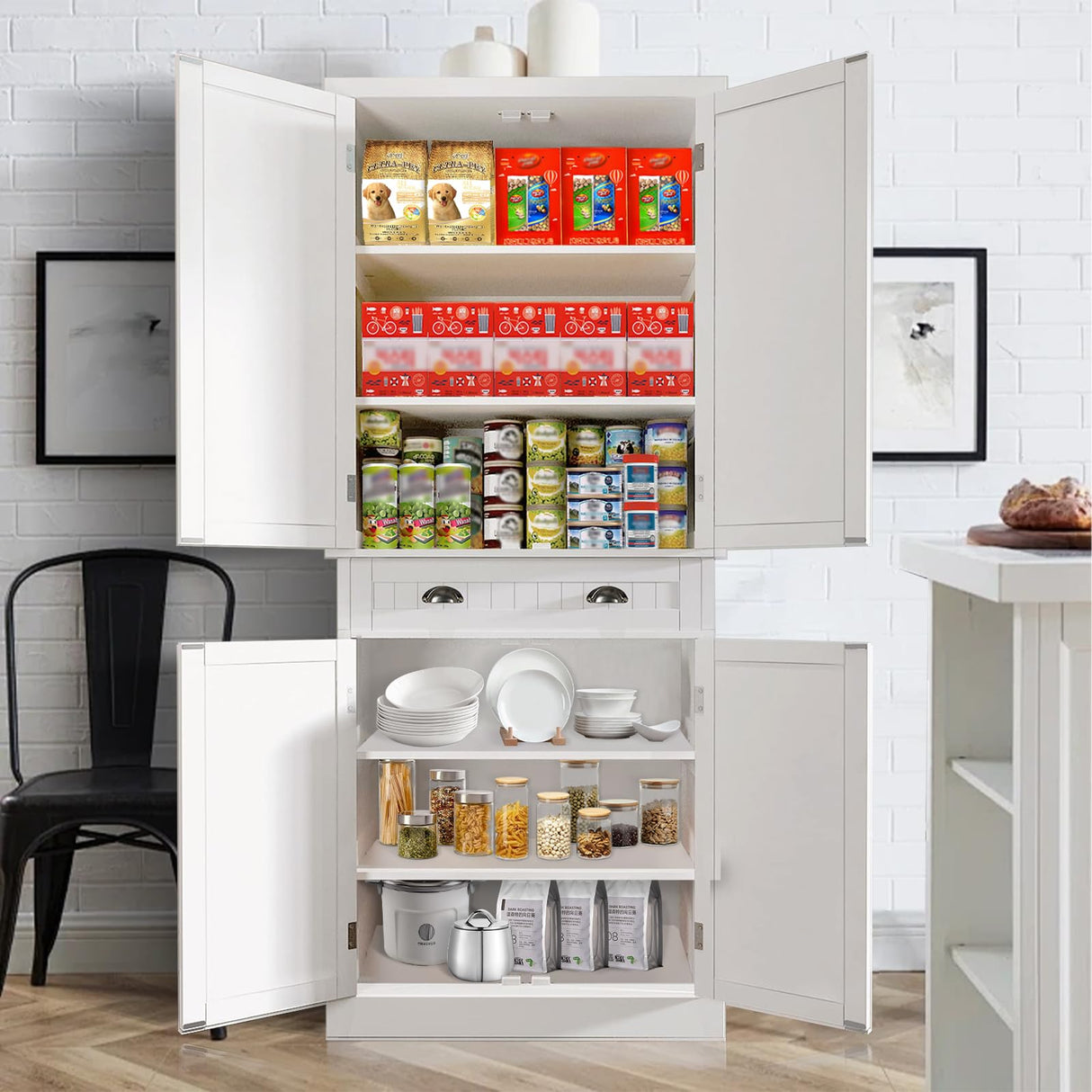 Elegant White Freestanding Kitchen Pantry Cabinet with Adjustable Shelves and Drawer GOAWGO