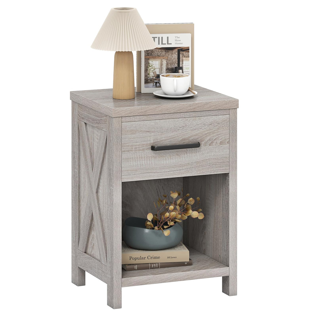 Giantex Farmhouse Nightstand, Wooden Bedside Table with Storage Drawer & Open Shelf, End Side Table, Rustic Night Stand for Small Space Bedroom & Home Office, Antique Brush White Giantex