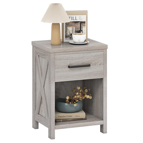 Giantex Farmhouse Nightstand, Wooden Bedside Table with Storage Drawer & Open Shelf, End Side Table, Rustic Night Stand for Small Space Bedroom & Home Office, Antique Brush White Giantex