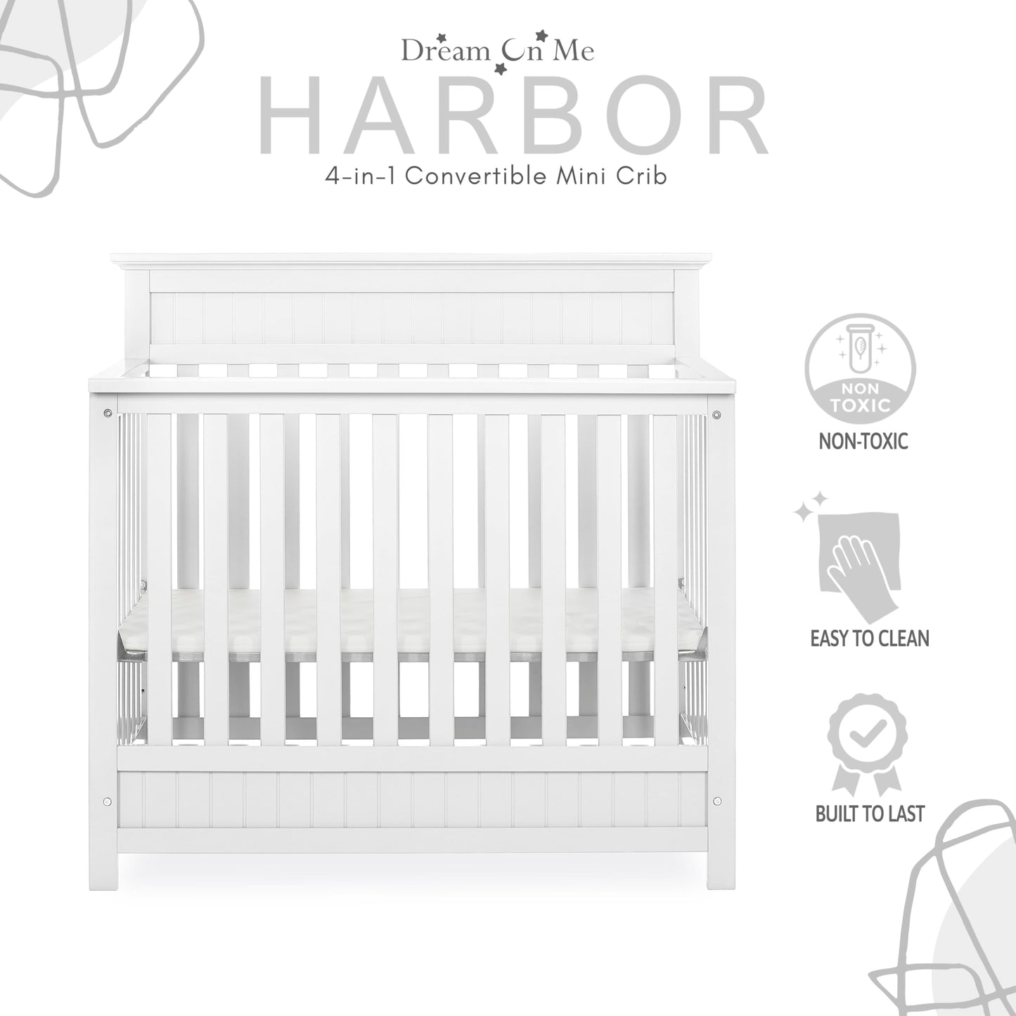 Dream On Me Harbor 4-in-1 Convertible Mini Crib in White, Greenguard Gold Certified