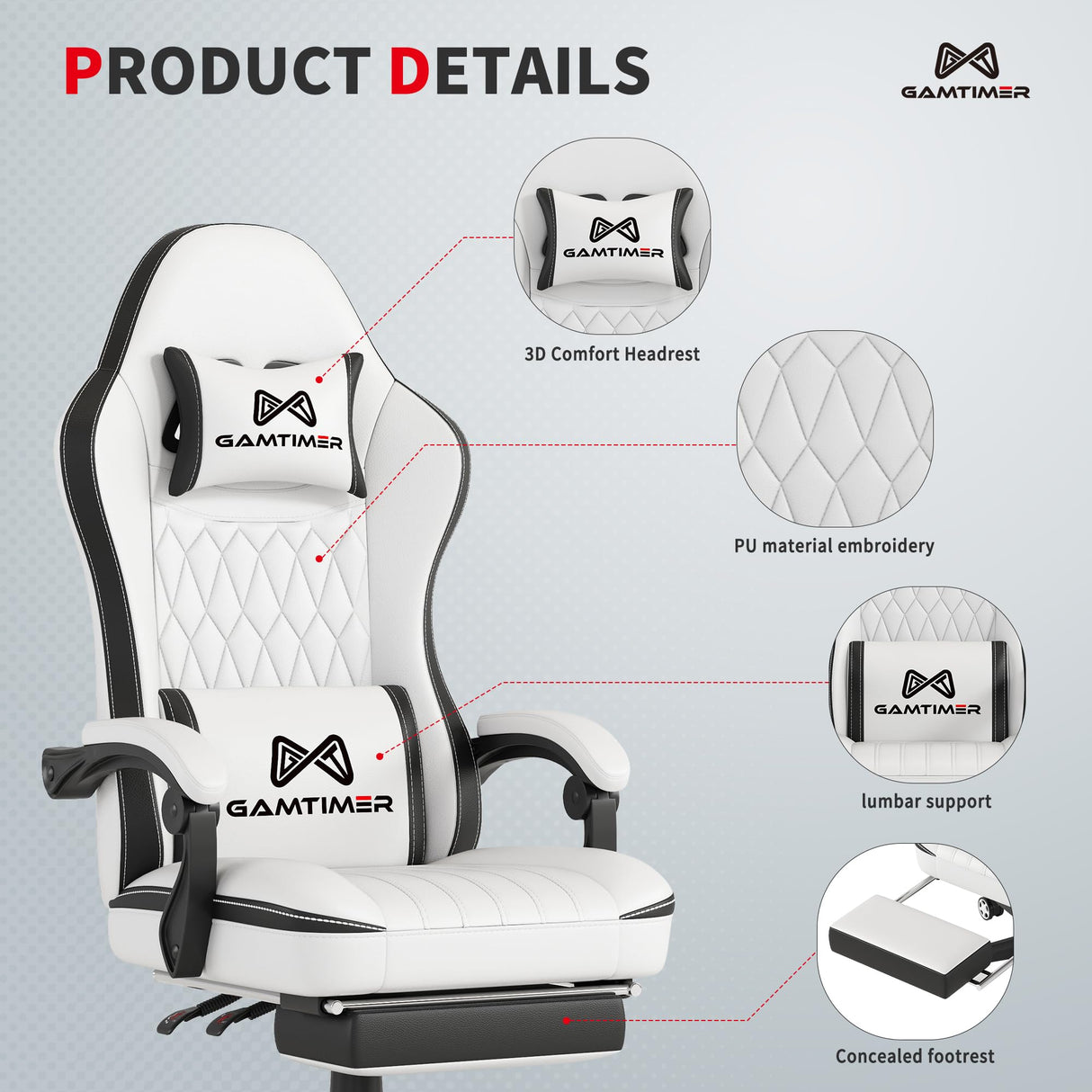 Gamtimer Gaming Chair, Computer Office Chair with Footrest, 155° Reclining Chair, Ergonomic High Back Computer Chair with Headrest and Lumbar Support for Adults and Kids（Black+White） Gamtimer