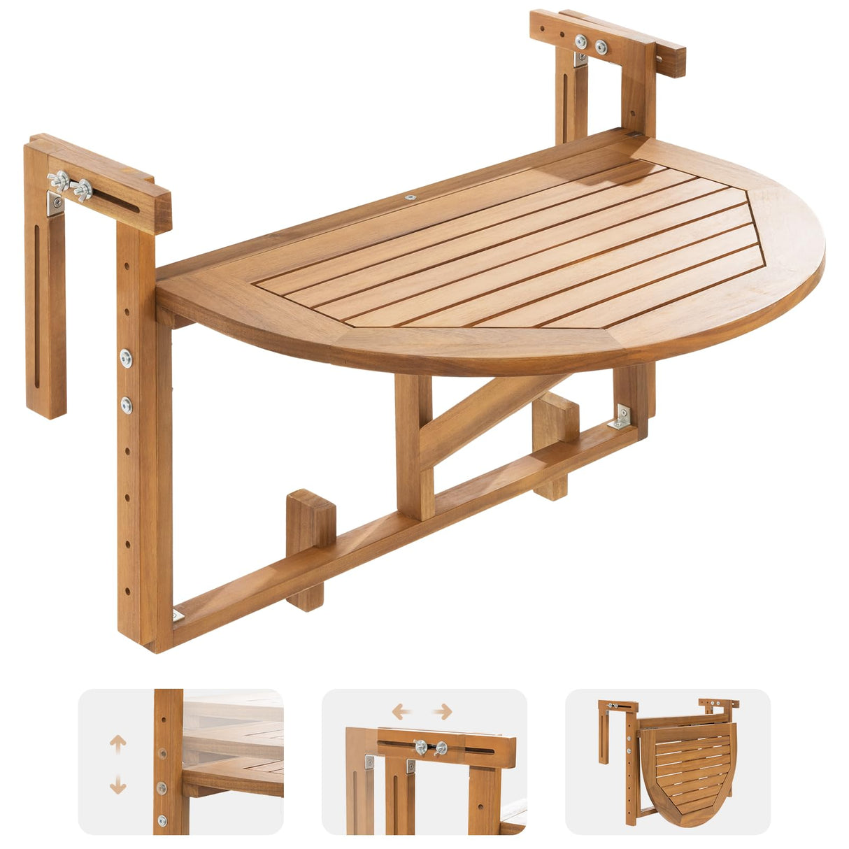 IDZO FSC Acacia Wood Folding Balcony Bar Table for Railings, Adjustable Height & Width, Teak Brush Finish Durable Against Weather, Ideal Spacious Dimension of 27 9/16 x 21 5/8 Inch, Half-Round Design IDZO