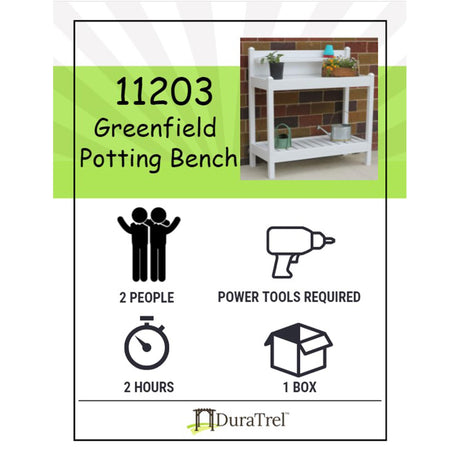 DuraTrel Greenfield PVC Vinyl Indoor Outdoor Table Potting Bench Station with Shelf for Plant Accessories & Gardening Supplies Storage, White DuraTrel