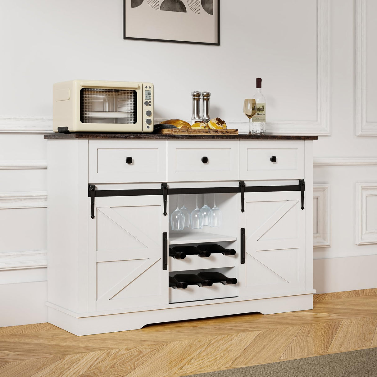 Kmax Farmhouse Wine Bar Cabinet w, 54” Buffet Cabinet with Storage, Rustic White Coffee Bar Cabinet with Sliding Barn Doors, Wine/Glass Rack & 3 Drawers for Living, Dining Room, Black Top Kmax