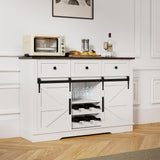 Kmax Farmhouse Wine Bar Cabinet w, 54” Buffet Cabinet with Storage, Rustic White Coffee Bar Cabinet with Sliding Barn Doors, Wine/Glass Rack & 3 Drawers for Living, Dining Room, Black Top Kmax