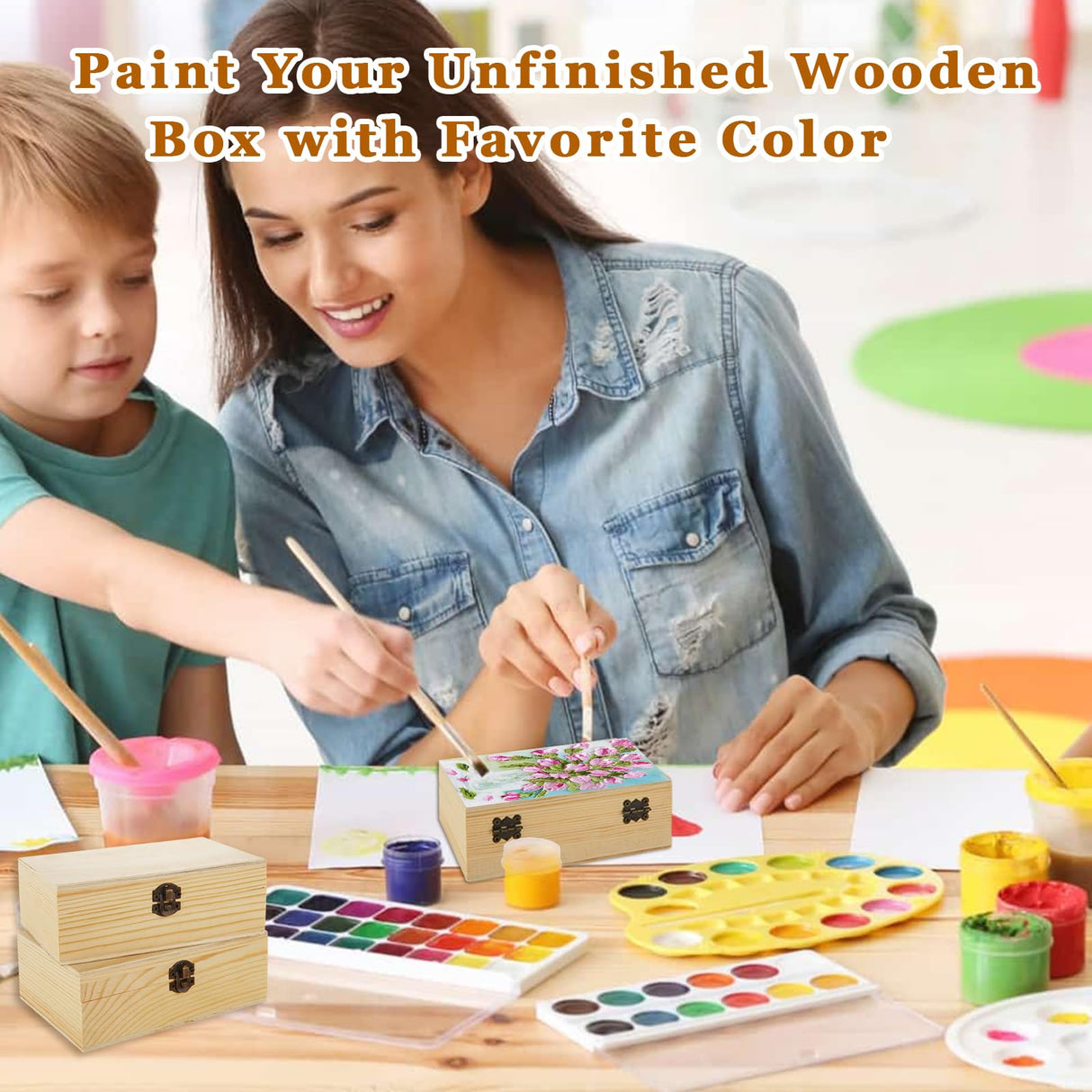 MUXHEL 12 Pcs Unfinished Wooden Boxes - 6" 4" 2" Wood Craft Boxes with Hinged Lid, Bulk Rectangle Wooden Storage Boxes for DIY, Painting, Storage (with 10 Brushes) MUXHEL