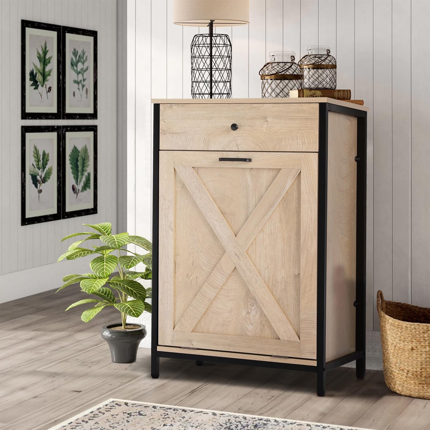 UEV Oak Color Style Trash Cabinet, Tilt Out Trash Cabinet with Solid Hideaway Drawer,Rustic Kitchen Trash Cabinet,Free Standing Wooden Kitchen Recycling Cabinet Trash Can Holder (Single)