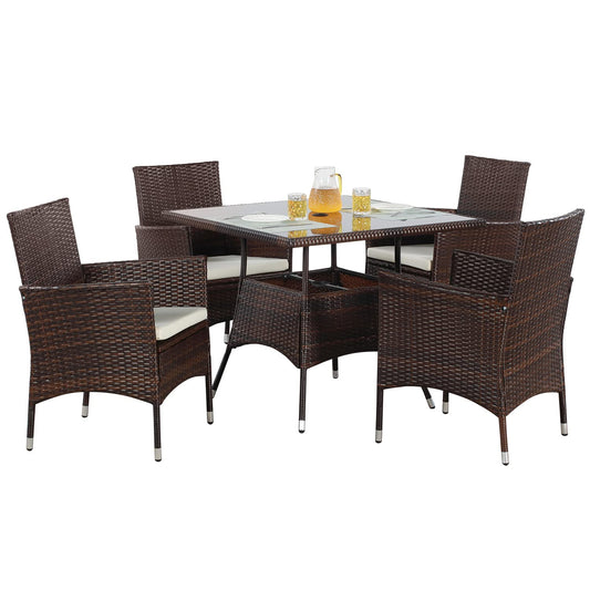 Wisteria Lane 5-Piece Wicker Outdoor Table and Chairs, Patio Dining Set w/Square Glass Tabletop and Umbrella Hole, Patio Table and Chairs Set for Backyard Deck Balcony Front Porch, Brown - WoodArtSupply