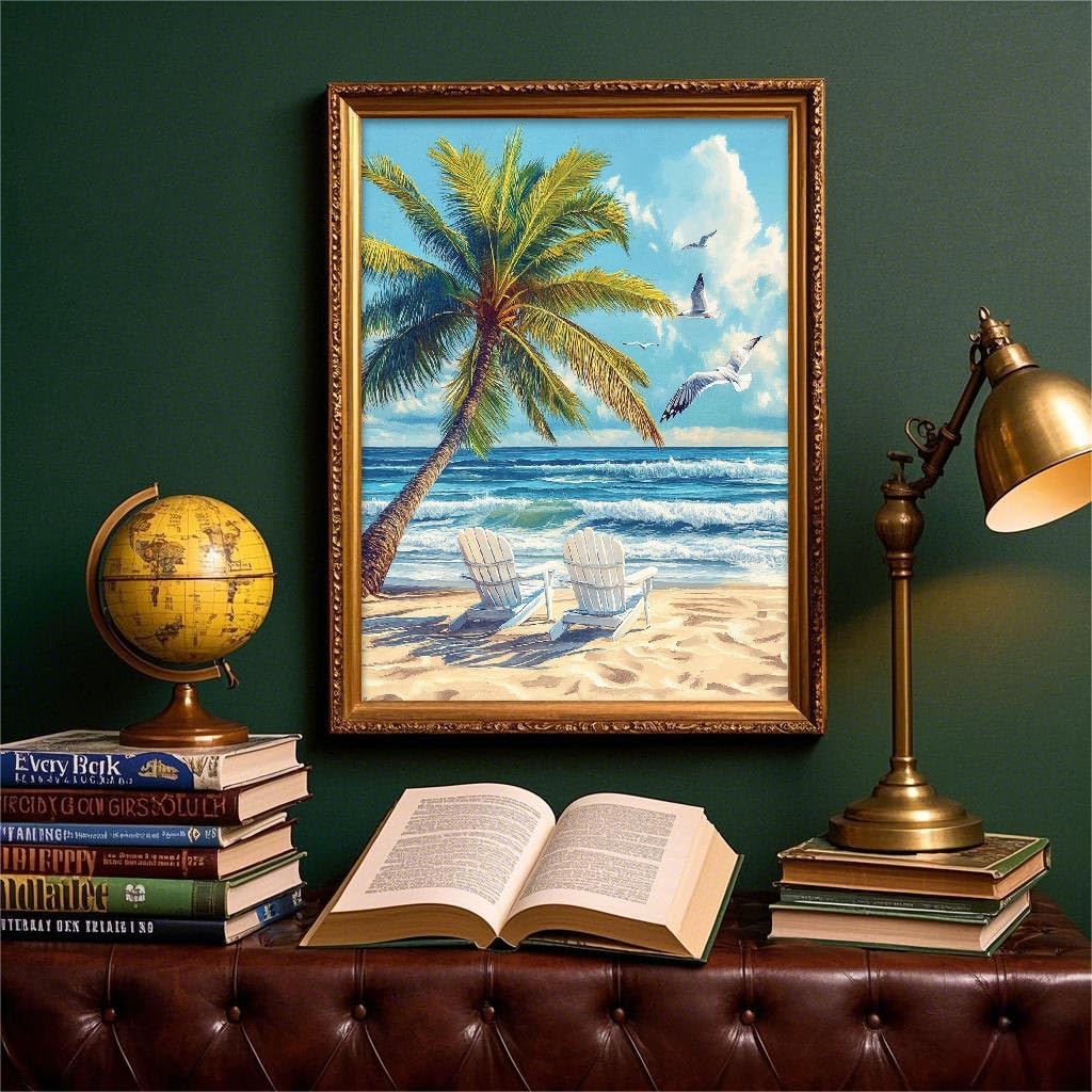 ShiCattle Coconut Tree Diamond Art Kits for Adults Beginners,DIY Full Round Drill Diamond Painting Kits Beach Chair,Paint by Diamonds Dot Gem Art Crystal Easy,Home Wall Decor 12x16Inch ShiCattle