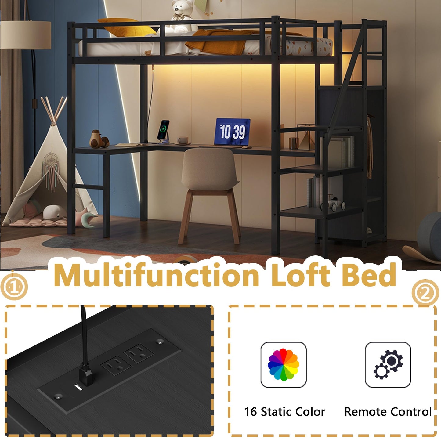 Twin XL Loft Bed with Stairs and Wardrobe, Heavy Duty Loft Bed with Desk and Storage, RGB LED Loft Bed with USB Port, Outlets and Adjustable Shelf(Black Twin XL)