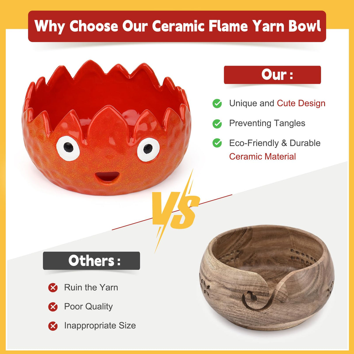 Katech Flame Yarn Bowl for Crocheting-Crochet Bowls Knitting Bowls-Cute Handmade Ceramic Flame Yarn Bowls-Ideal Crochet Gifts for Crocheters Knitter Katech