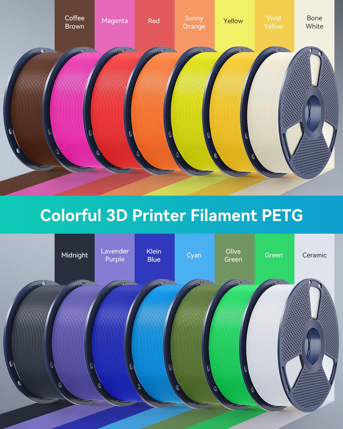 SUNLU PETG Filament 1.75mm 10KG Bundle, Individually Vacuum-Sealed, 3D Printer Filament 10kg, 1kg per Spool, 10 Pack, 10 Colors, Black+White+Grey+Blue+Red+Green+Orange+Yellow+Pink+Transparent SUNLU