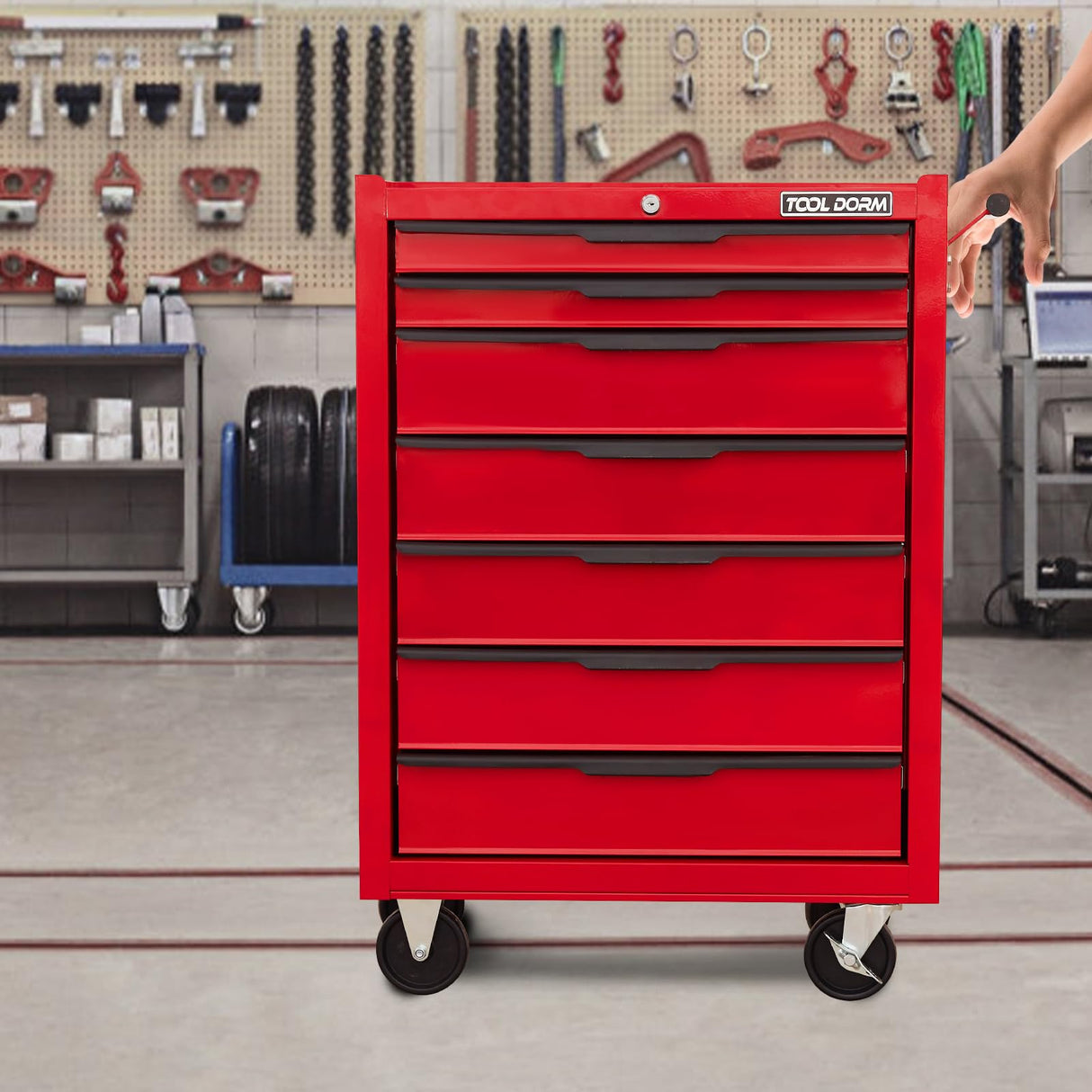 7-Drawer Rolling Tool Chest Cabinet, Large Capacity Metal Tool Box with Wheels and Keyed Locking, Roll Around Storage Organizer Tool Cart for Garage, Warehouse, Work Shop - Red TOOL DORM