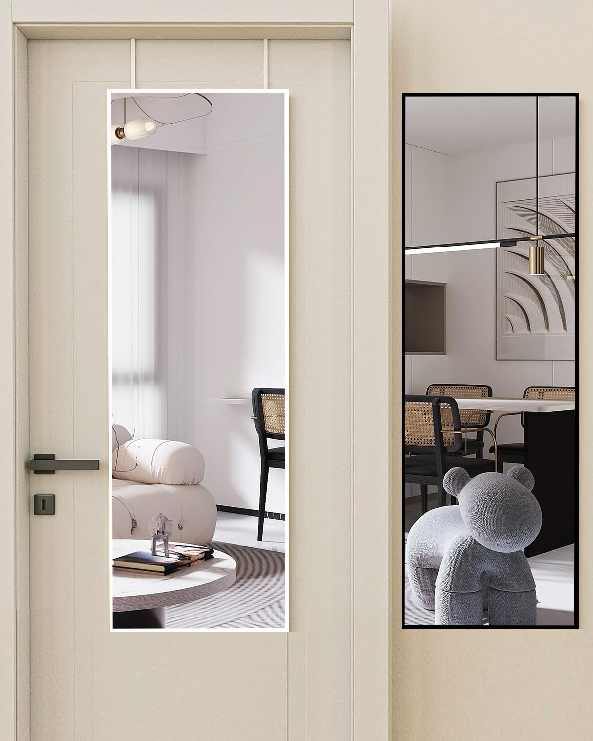 DMWOODFL 48" x 14" Over The Door Mirror Full Length Mirror Door Mirror Wall Mirror Hanging with 2 Metal Hangers for Bedroom Living Room Bathroom White DMWOODFL