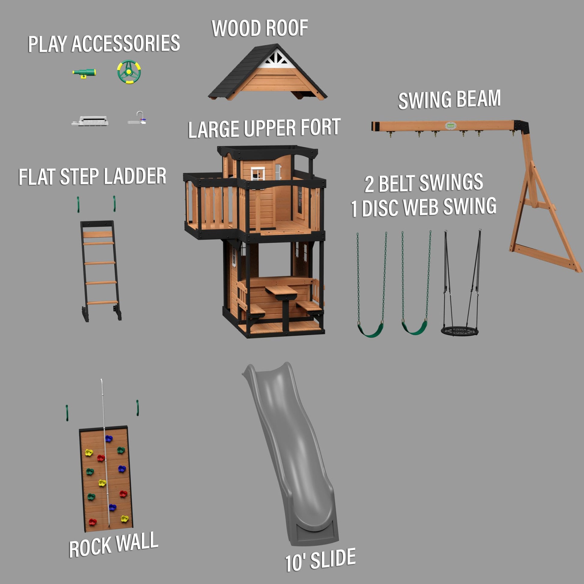 Backyard Discovery Canyon Creek All Cedar Wood Swing Set w/Grey Wave Slide, Playhouse w/Grill, Plastic Food, Picnic Area, Steering Wheel, Two Belt Swings, Rock Climbing Wall, Balcony, Deck, W - WoodArtSupply