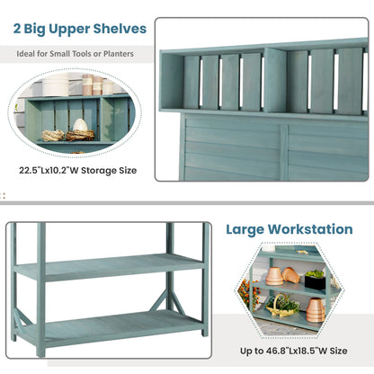 Merax 65" Large Wooden Farmhouse Rustic Outdoor Potting Bench Table with 4 Storage Shelves and Side Hook, Patio Workstation for Garden, Backyard, 46.9 inch Length, Green