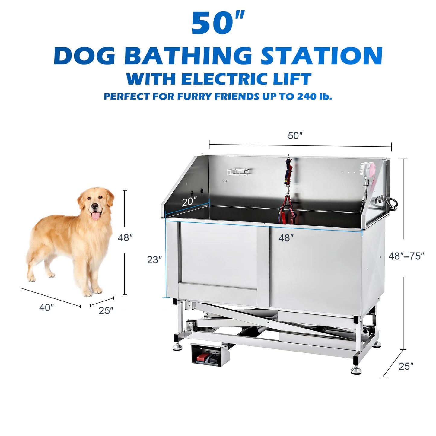 CO-Z 50 Inch Electric Dog Bathing Station for Large Dogs, Height Adjustable Stainless Steel Dog Pet Washing Station, Professional Dog Grooming Tub with Electric Lift, Pet Wash Bath Station Max 75" H