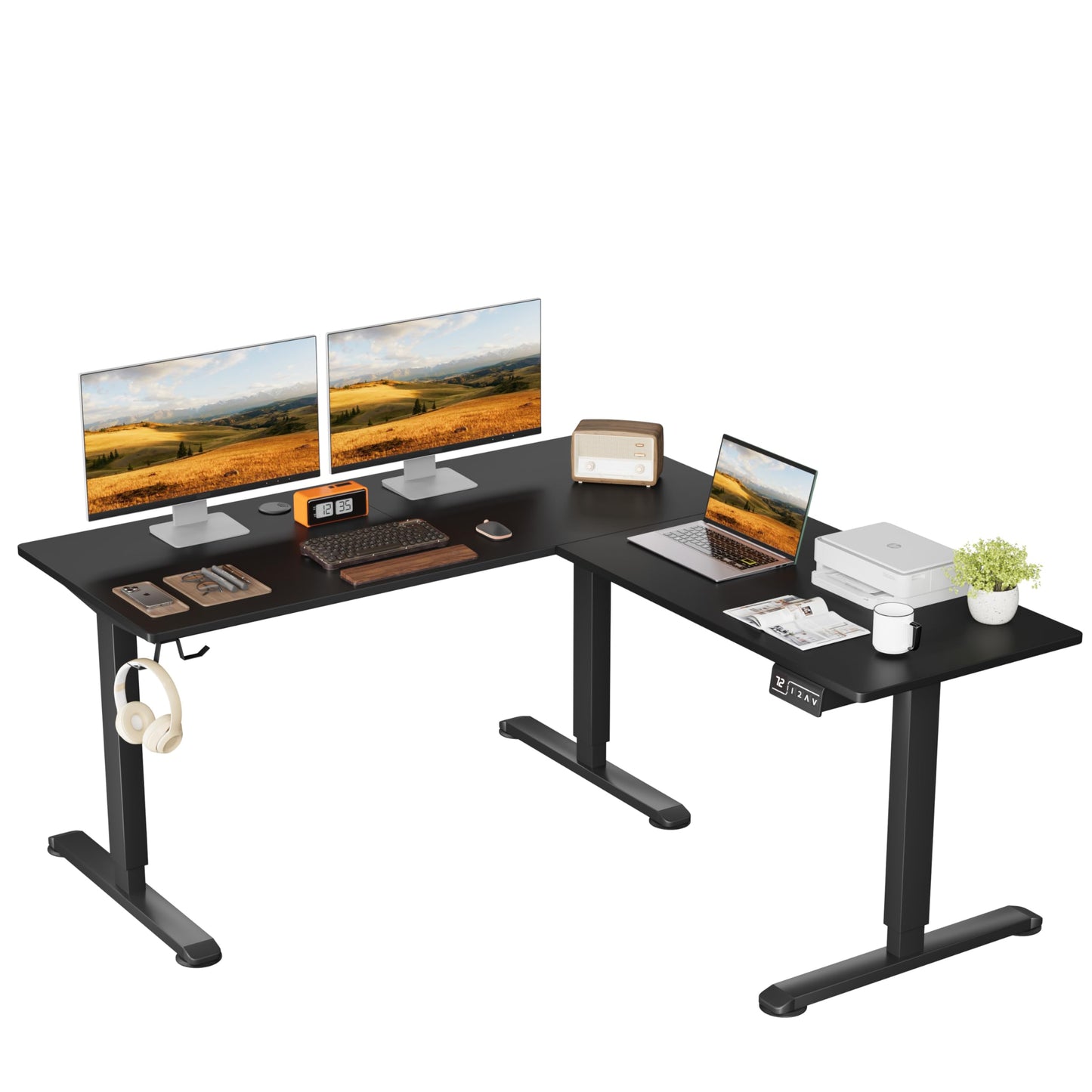 Shahoo L-Shaped Electric Standing Desk, 63 x 55 Inches Height Adjustable Coner Table, Home Office Computer Workstation, Black, 63 x 55 Inch - WoodArtSupply