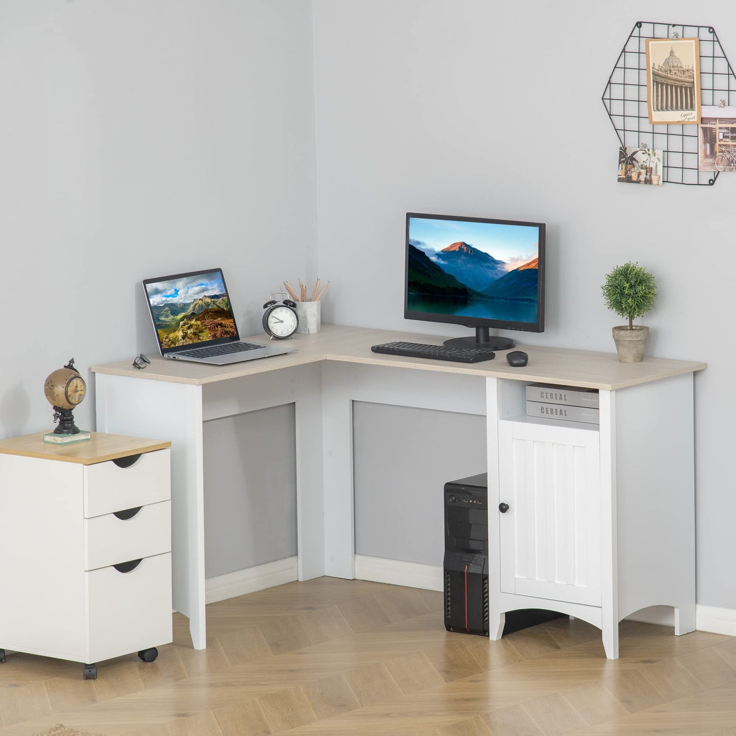 HOMCOM L-Shaped Computer Desk with Open Shelf and Storage Cabinet, Corner Writing Desk with Adjustable Shelf, White - WoodArtSupply