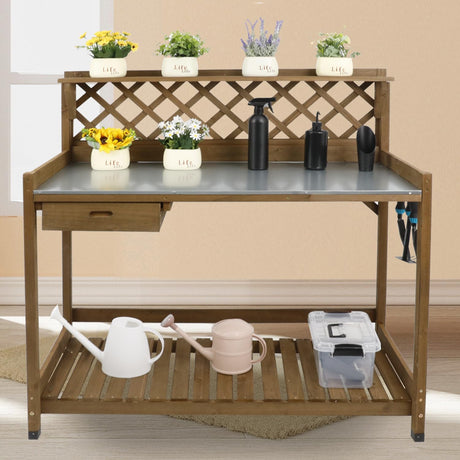 PetsCosset Garden Potting Benches & Tables,Outdoor Wooden Work Station W/Metal Table Top,Drawer,Large Bottom Shelf,Open Shelf Natural Wood-Natural Stained PetsCosset