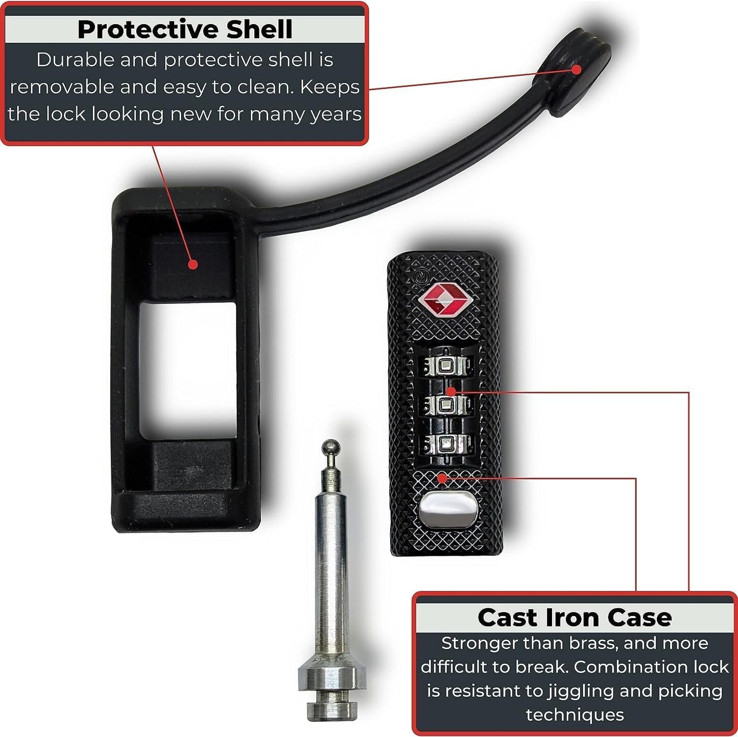 TSA Approved Tactical Gun Case Lock - Protective Rubber Sleeve & Cut-Resistant MonoShaft - Secure Single Shaft Padlock for Guns Luggage Rifles Pistols & Revolver Cases - Child Safe