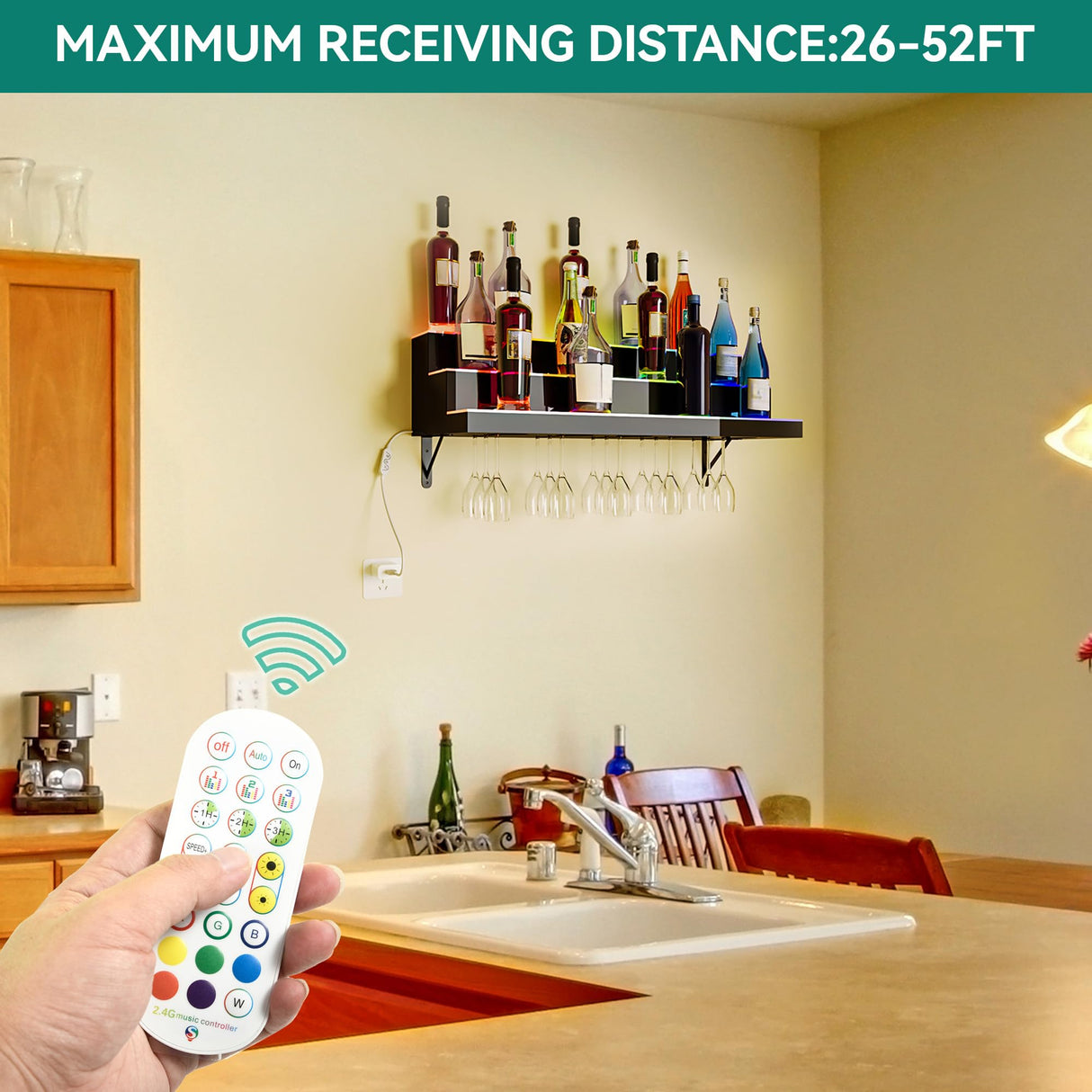 YITAHOME LED Light Liquor Bottle Display Shelf, 3-Step 30-inch Wall Mounted Wine Rack, Acrylic Liquor Shelf with Wine Glass Holder Slots, Remote & App Control for Home Commercial Bar YITAHOME