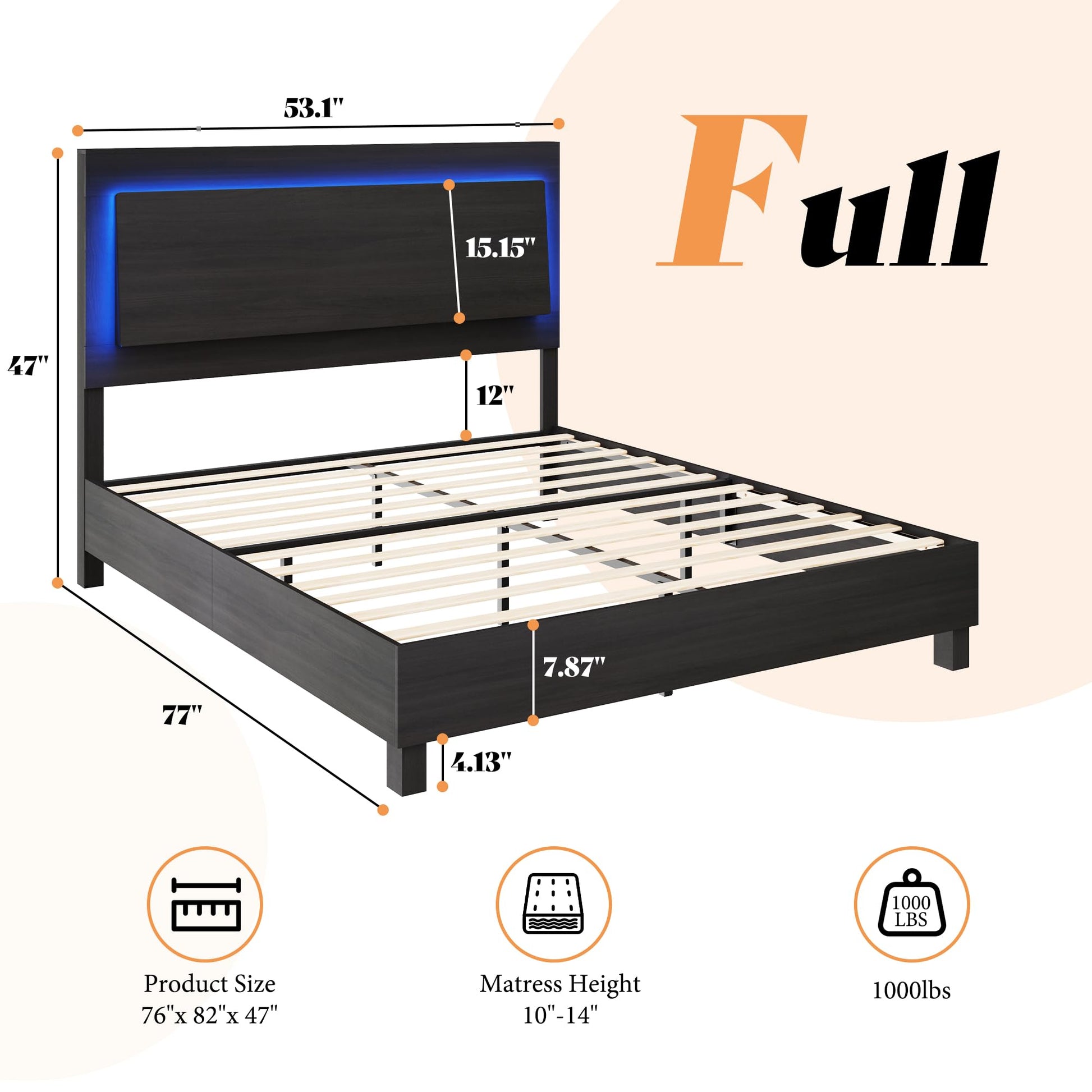 AMERLIFE Rustic Black Full Bed Frame with LED Headboard – Stylish Platform Design, Mattress Foundation with Wooden Slats - WoodArtSupply